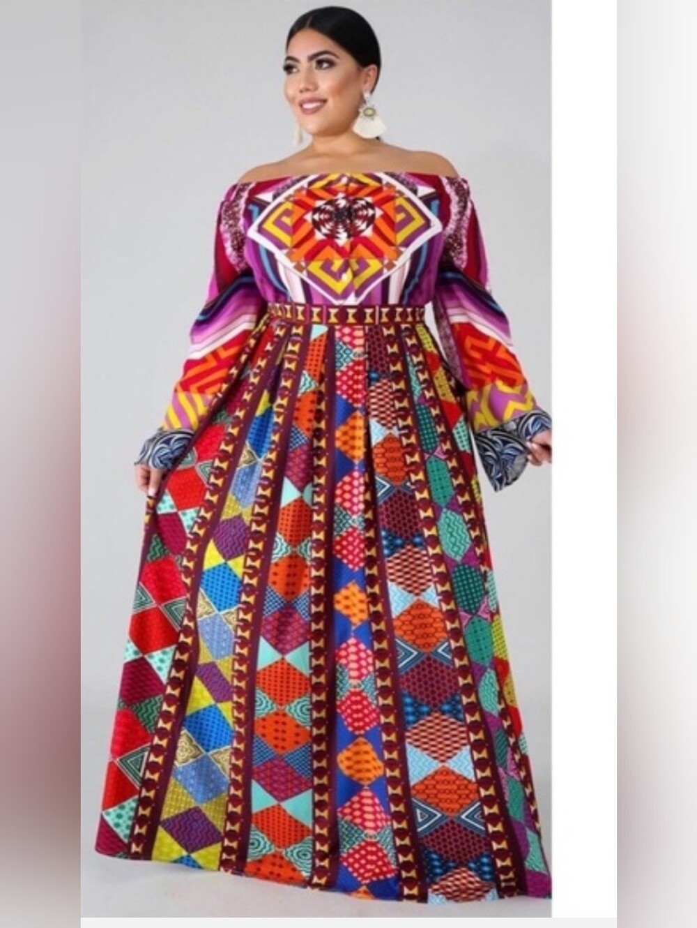 L'Atiste Bold Multicolor Geometric Tribal Long Sleeve Off Shoulder Maxi Dress S
